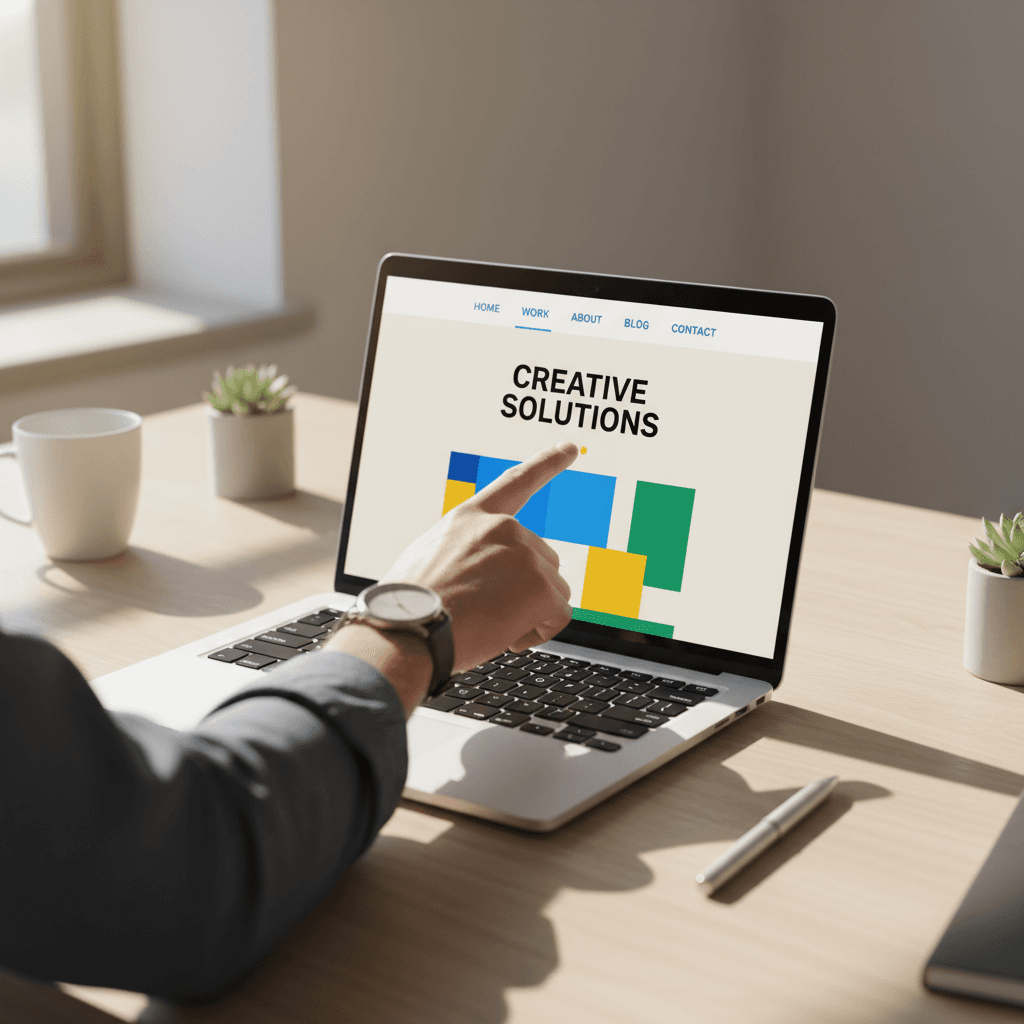 Designer reviewing website layout on laptop screen