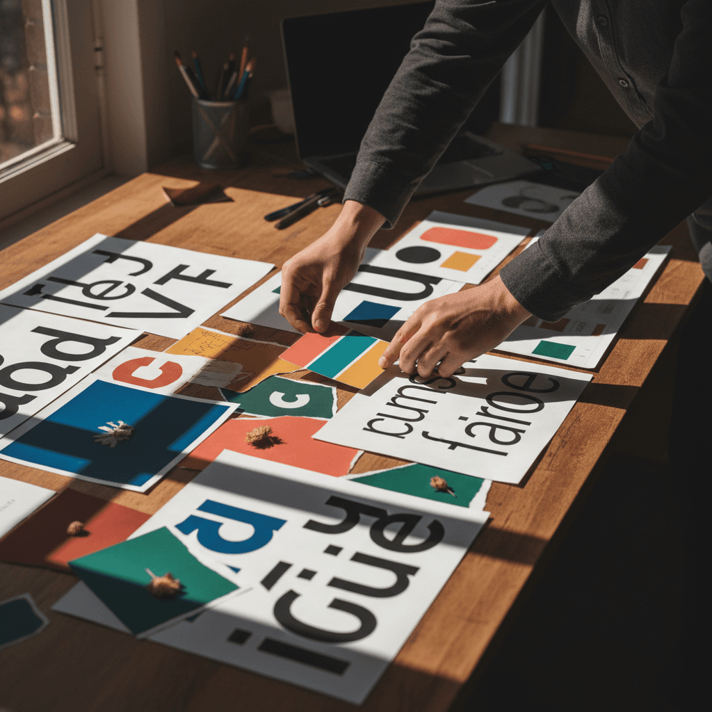 Designer arranging brand mood boards and sketches