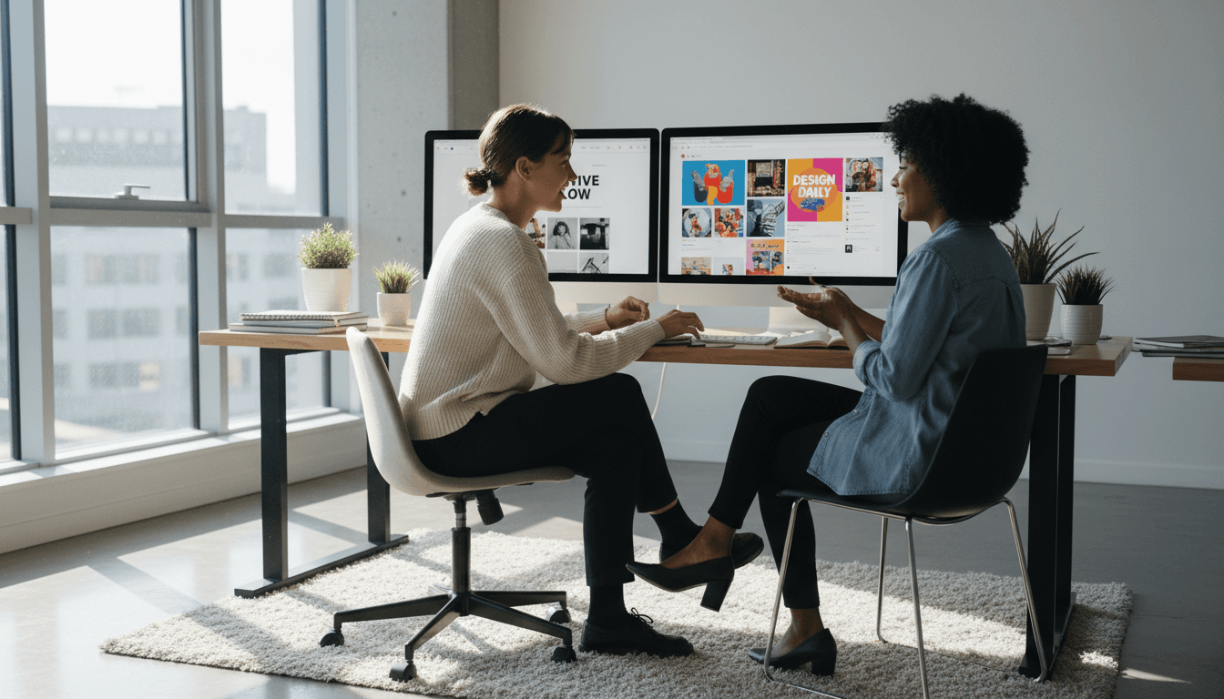 Team members collaborating on website and social media designs