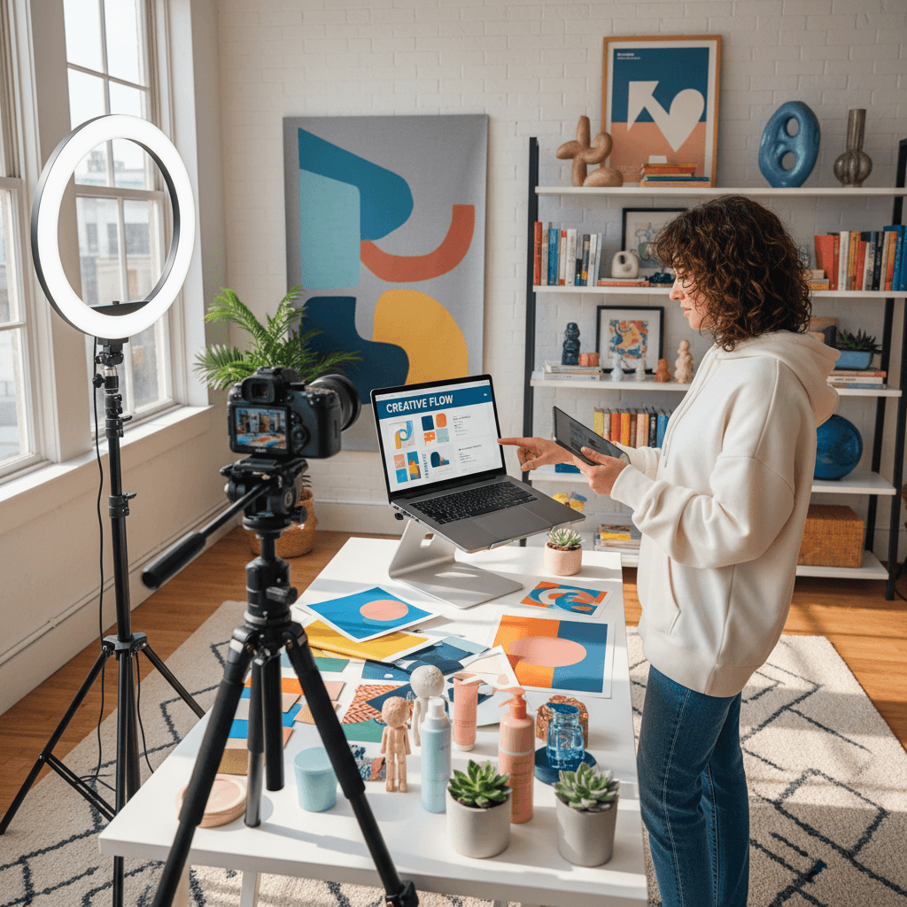 Content creator reviewing footage and copy at workspace