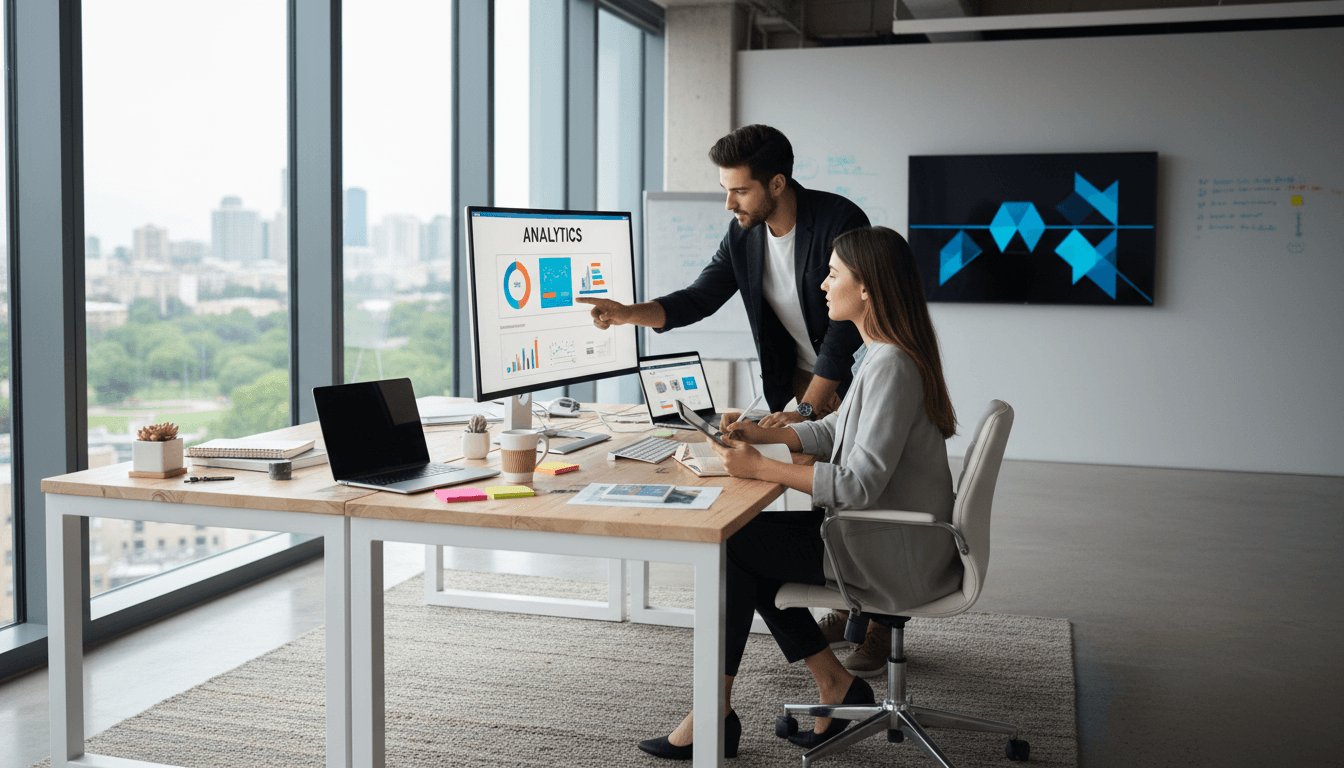 Team collaborating on a digital marketing strategy at a modern workspace