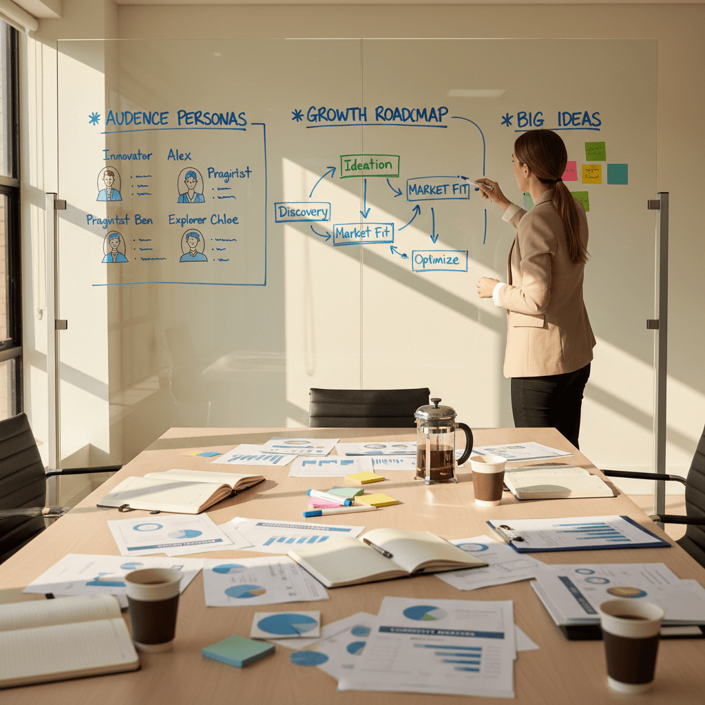 Strategist presenting digital growth roadmap on whiteboard