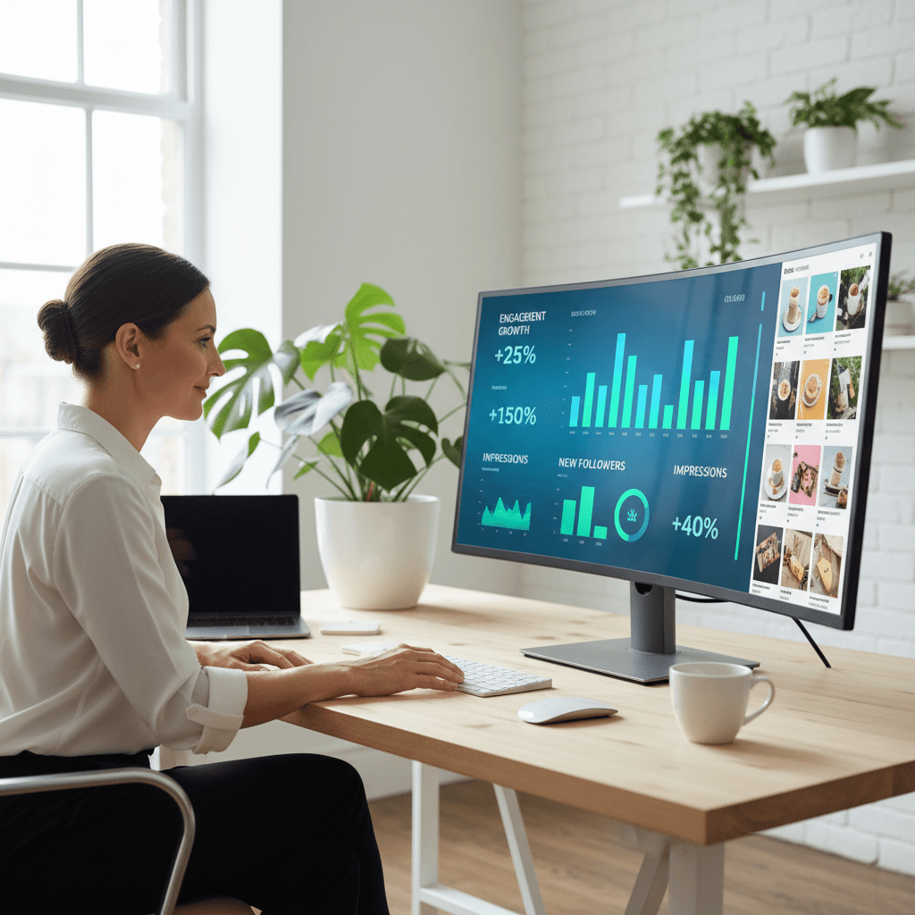 Business owner reviewing improved social media performance metrics