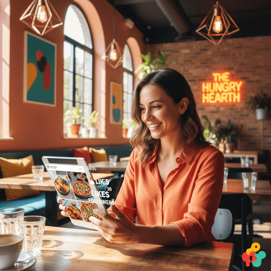 Restaurant owner viewing their new Instagram profile on tablet