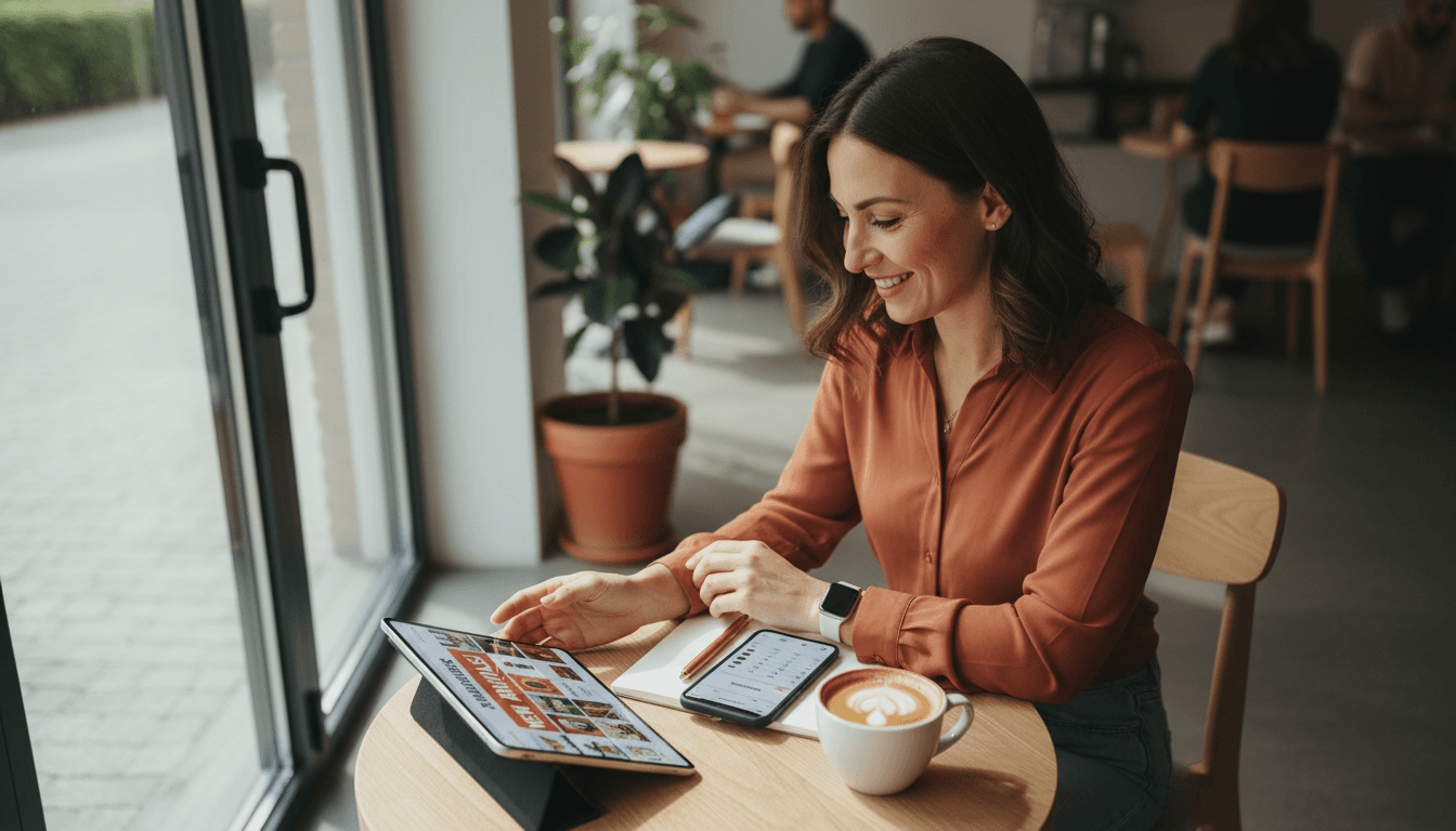 Business owner reviewing social media strategy on mobile devices