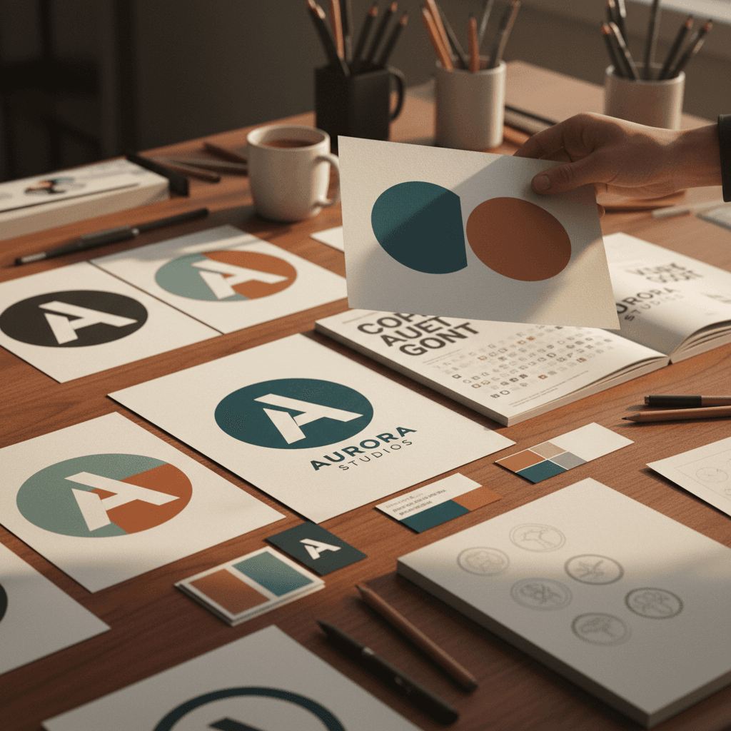 Designer reviewing logo sketches and brand guidelines