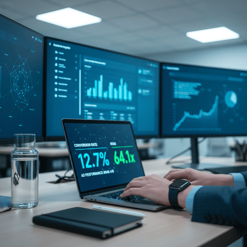 Marketing analyst monitoring campaign analytics on multiple screens