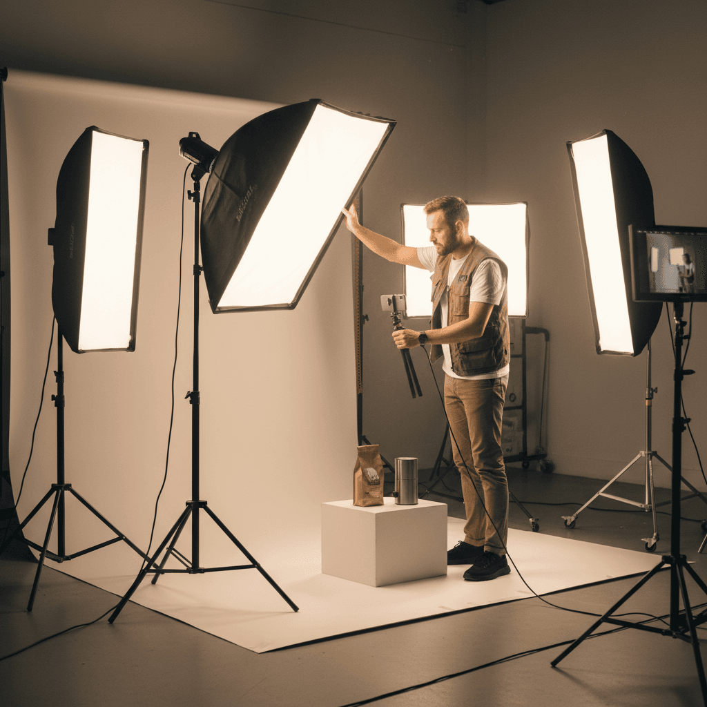 Content creator filming a product video in professional studio