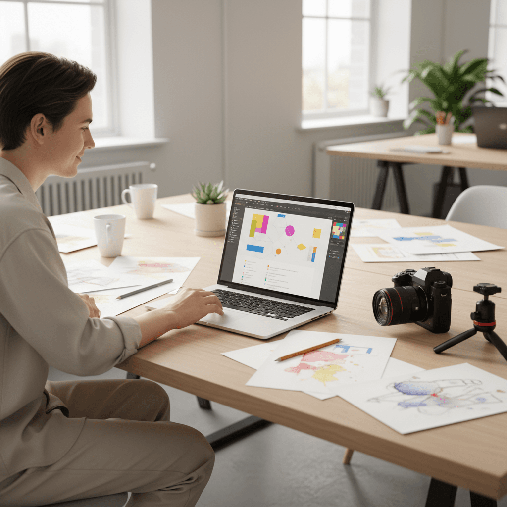 Content creator working on visual and written materials