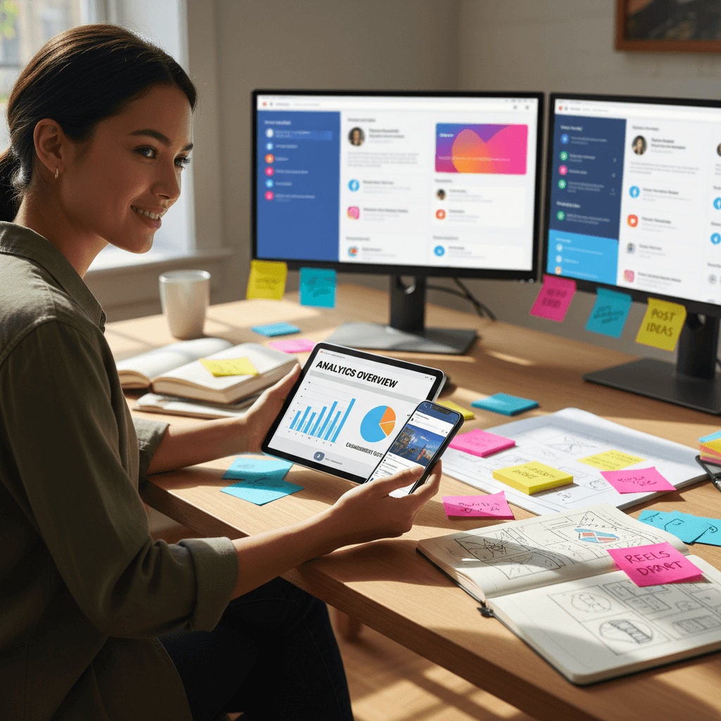 Social media content creator reviewing analytics on tablet